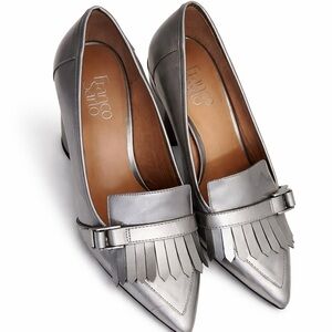 Franco Sarto Silver Metallic Loafers Heels Fringe Pointed Toe Women’s Size 9M